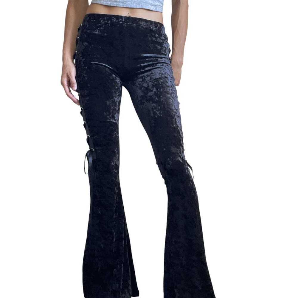 Gothic Black Crushed Velvet Side Corset Bell Bottoms Flared Pants